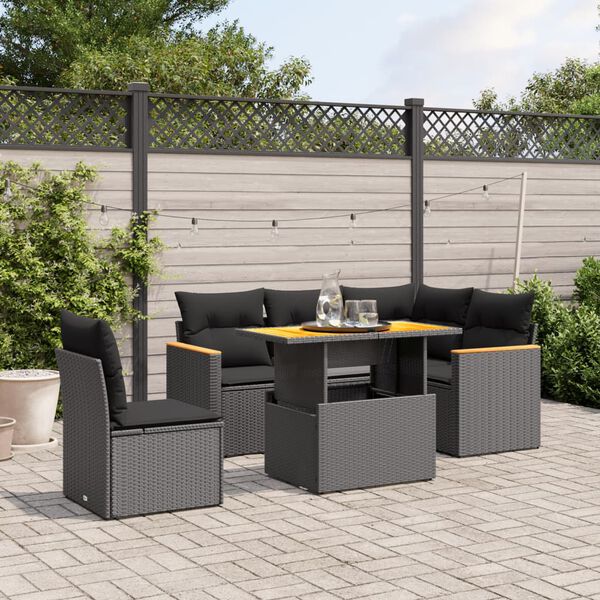 vidaXL 6 Piece Garden Sofa Set with Cushions Black Poly Rattan