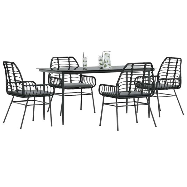 vidaXL 5 Piece Garden Dining Set with Cushions Black Poly Rattan Glass