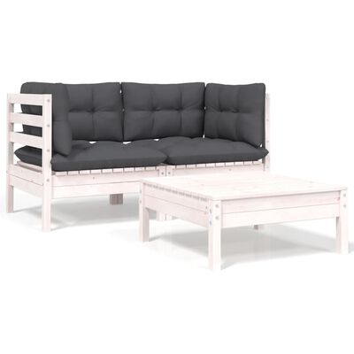 vidaXL 3 Piece Garden Lounge Set with Cushions White Solid Pinewood