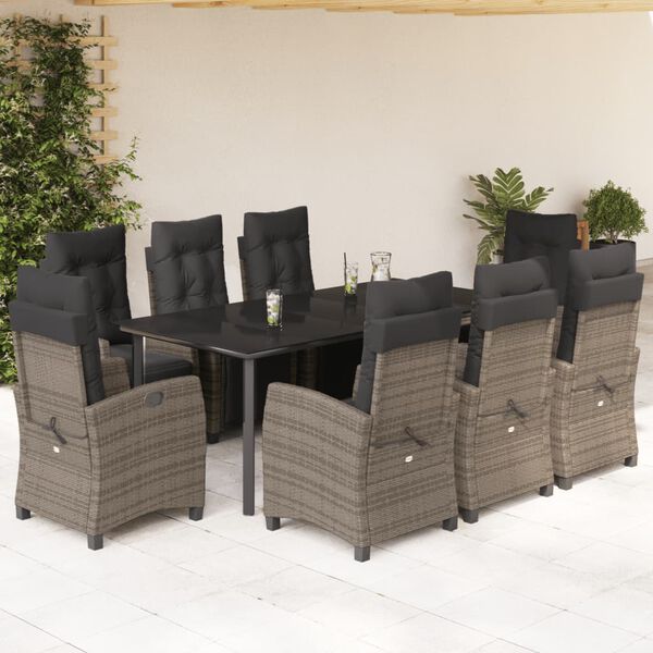 vidaXL 9 Piece Garden Dining Set with Cushions Grey Poly Rattan
