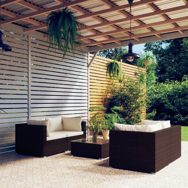 vidaXL 5 Piece Garden Lounge Set with Cushions Poly Rattan Brown