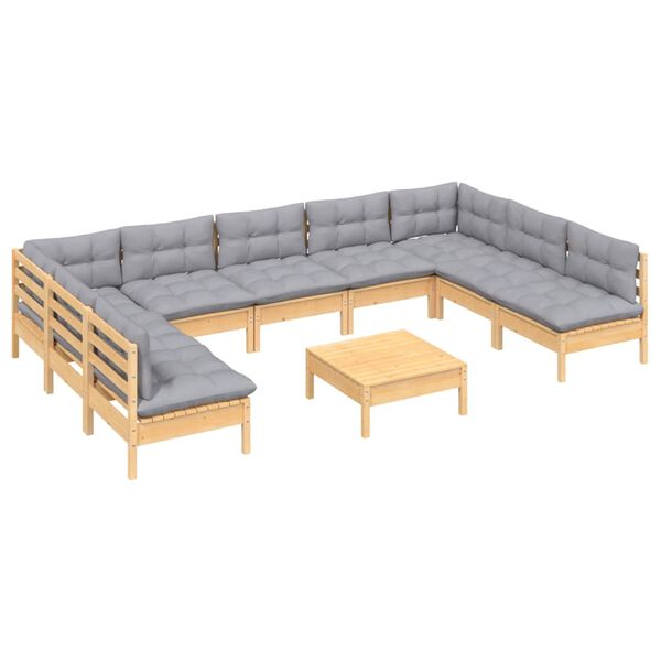 vidaXL 10 Piece Garden Lounge Set with Grey Cushions Solid Pinewood
