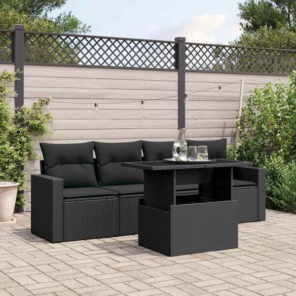 vidaXL 5 Piece Garden Sofa Set with Cushions Black Poly Rattan
