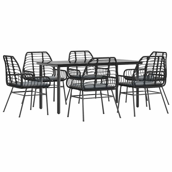 vidaXL 7 Piece Garden Dining Set with Cushions Black Poly Rattan Glass