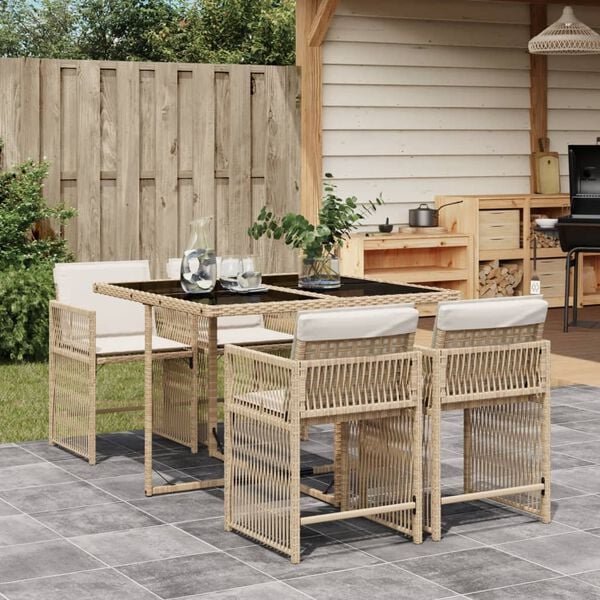 vidaXL 5 Piece Garden Dining Set with Cushions Beige Poly Rattan