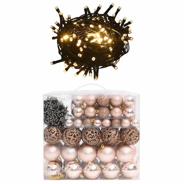vidaXL 120 Piece Christmas Ball Set with Peak and 300 LEDs Rose Gold