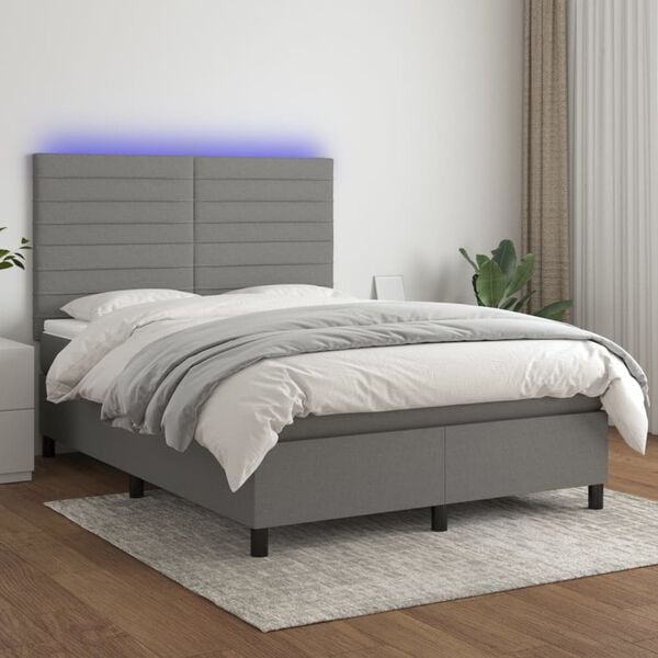 vidaXL Box Spring Bed with Mattress&LED Dark Grey 137x187 cm Double Size Fabric