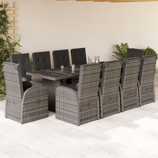vidaXL 11 Piece Garden Dining Set with Cushions Grey Poly Rattan