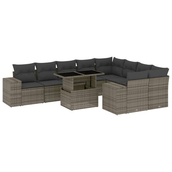 vidaXL 10 Piece Garden Sofa Set with Cushions Grey Poly Rattan