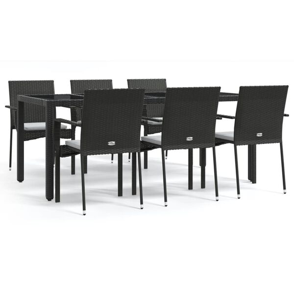 vidaXL 7 Piece Garden Dining Set with Cushions Black Poly Rattan