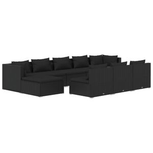 vidaXL 10 Piece Garden Lounge Set with Cushions Black Poly Rattan