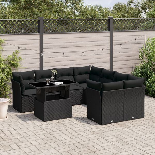 vidaXL 9 Piece Garden Sofa Set with Cushions Black Poly Rattan