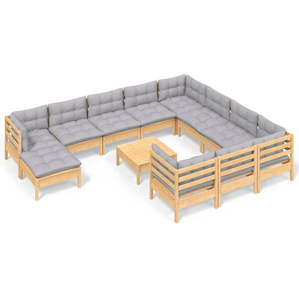 vidaXL 12 Piece Garden Lounge Set with Grey Cushions Pinewood