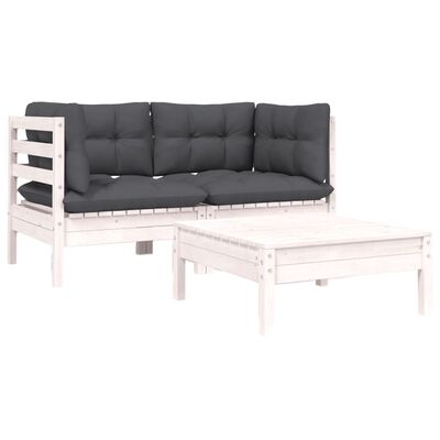 vidaXL 3 Piece Garden Lounge Set with Cushions White Solid Pinewood