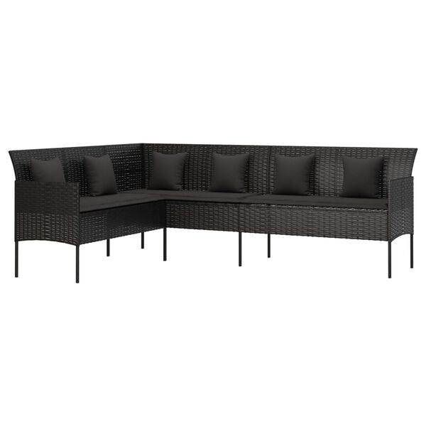 vidaXL L-shaped Garden Sofa with Cushions Black Poly Rattan