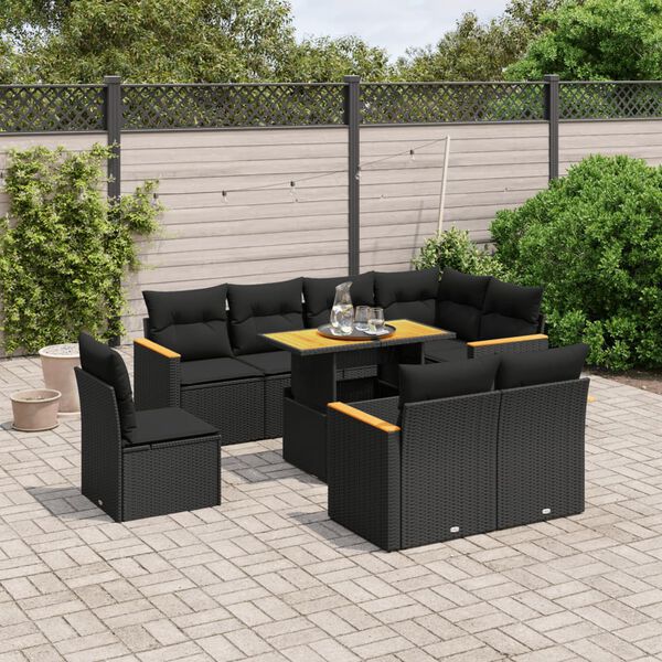 vidaXL 9 Piece Garden Sofa Set with Cushions Black Poly Rattan
