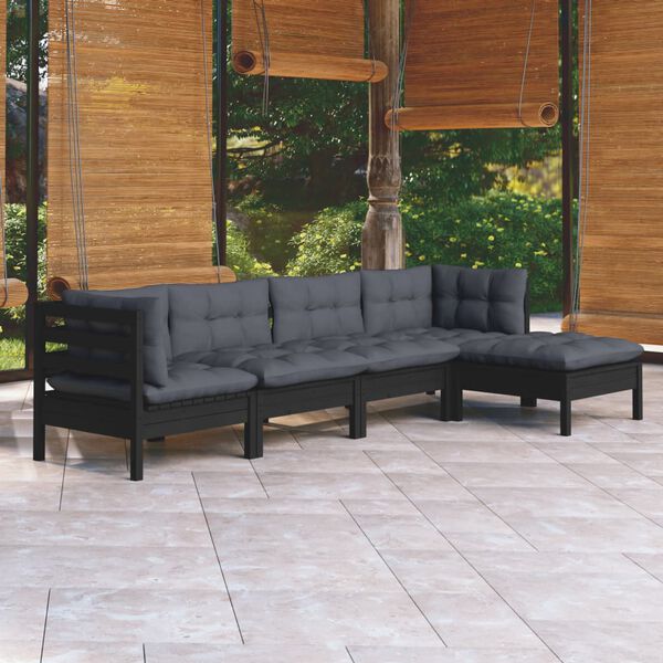 vidaXL 5 Piece Garden Lounge Set with Cushions Black Pinewood