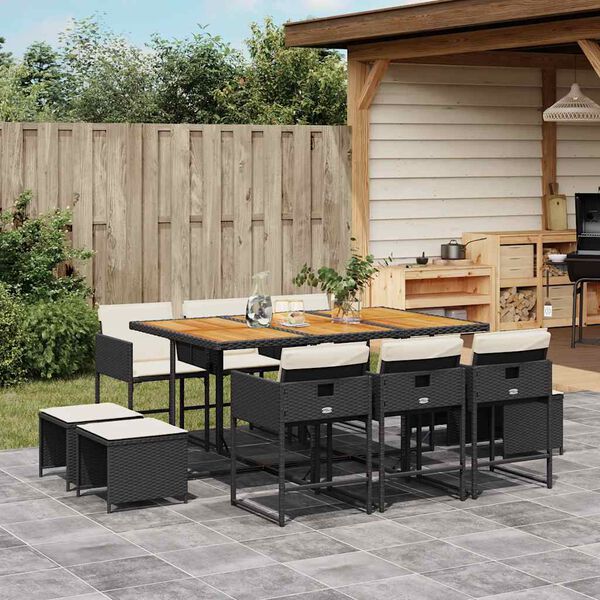 vidaXL 11 Piece Garden Dining Set with Cushions Black Poly Rattan