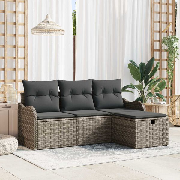 vidaXL Garden Sofa Set with Cushion Manual 4 pcs Grey Poly Rattan