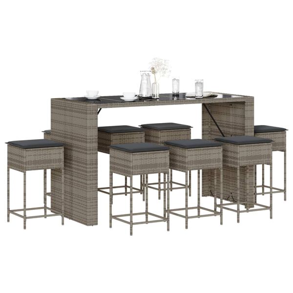 vidaXL 9 Piece Garden Bar Set with Cushions Grey Poly Rattan