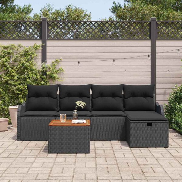 vidaXL Garden Sofa Set with Cushion 6 pcs Black Poly Rattan