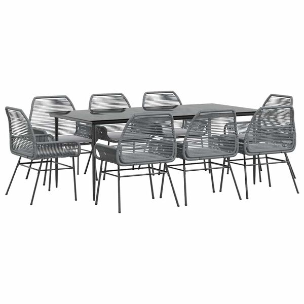 vidaXL 9 Piece Garden Dining Set with Cushions Grey Poly Rattan Glass
