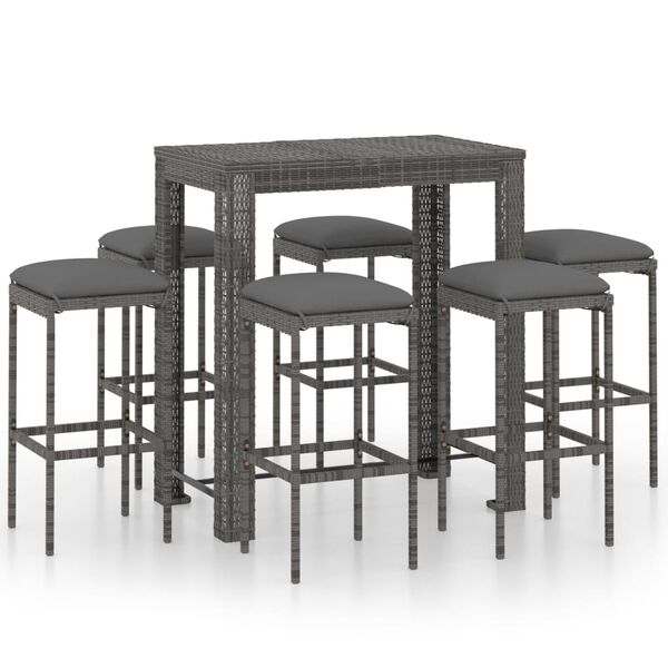 vidaXL 7 Piece Garden Bar Set with Cushions Poly Rattan Grey