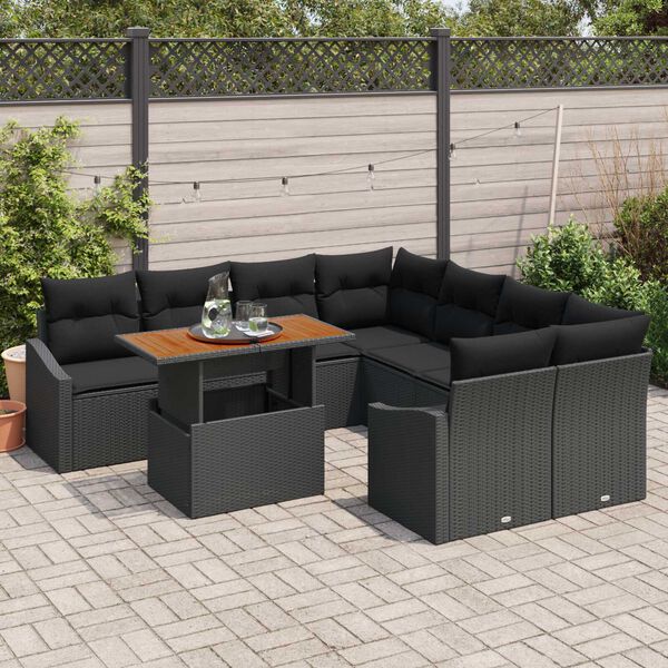 vidaXL Garden Sofa Set with Storage 9 pcs Black Poly rattan