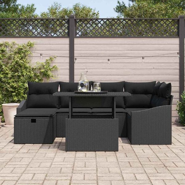 vidaXL Garden Sofa Set with Cushion 7 pcs Black Poly Rattan