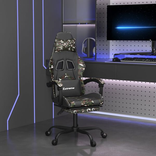 vidaXL Swivel Gaming Chair with Footrest Black&Camouflage Faux Leather