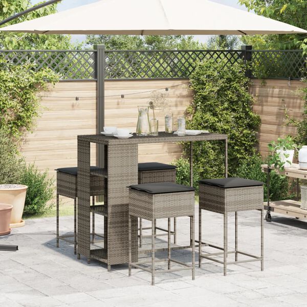 vidaXL 5 Piece Garden Bar Set with Cushions Grey Poly Rattan