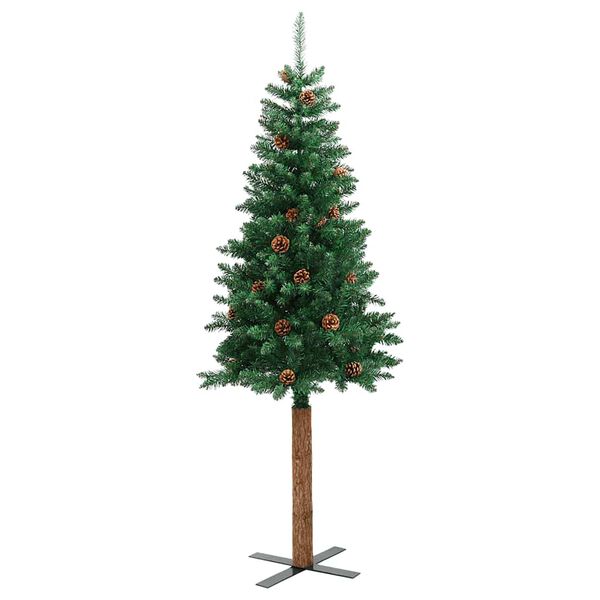 vidaXL Slim Christmas Tree with Real Wood and Cones Green 210 cm PVC