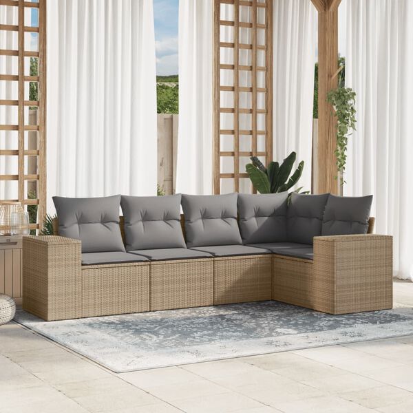 vidaXL 5 Piece Garden Sofa Set with Cushions Beige Poly Rattan