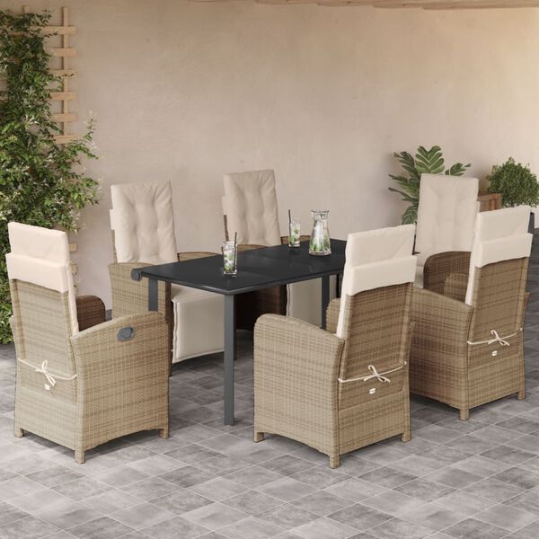 vidaXL 7 Piece Garden Dining Set with Cushions Beige Poly Rattan