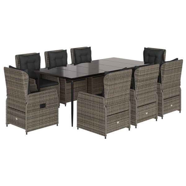 vidaXL 9 Piece Garden Dining Set with Cushions Grey Poly Rattan