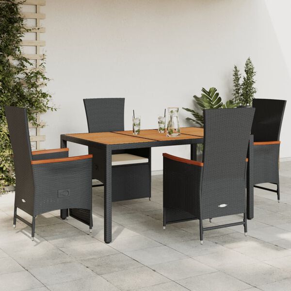 vidaXL 5 Piece Garden Dining Set with Cushions Black Poly Rattan