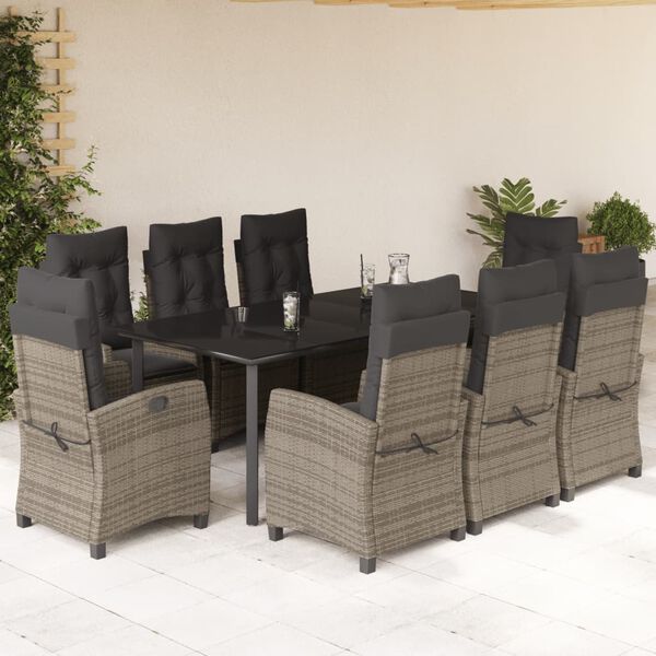 vidaXL 9 Piece Garden Dining Set with Cushions Grey Poly Rattan