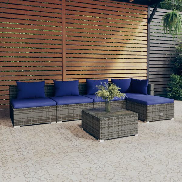 vidaXL 6 Piece Garden Lounge Set with Cushions Poly Rattan Grey