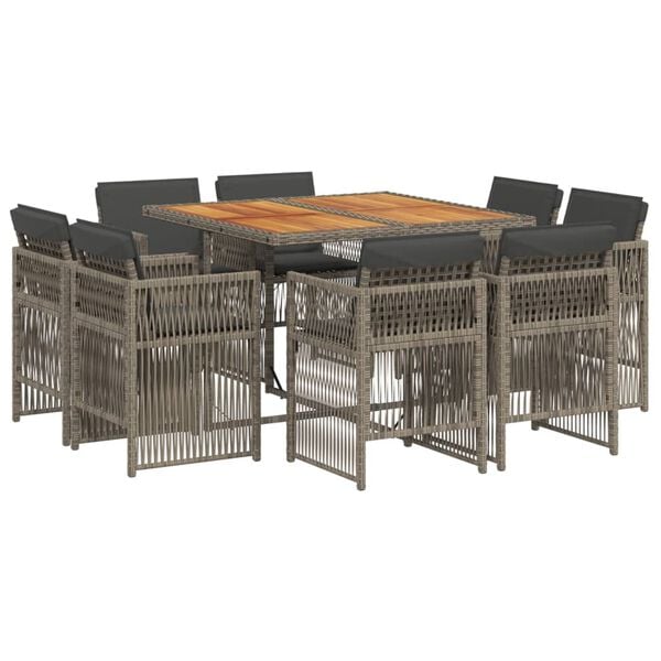 vidaXL 9 Piece Garden Dining Set with Cushions Grey Poly Rattan