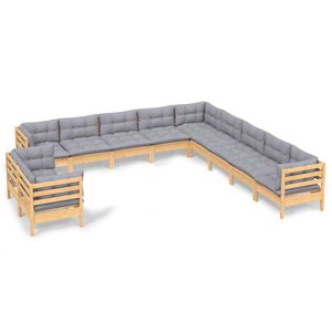 vidaXL 11 Piece Garden Lounge Set with Grey Cushions Solid Pinewood