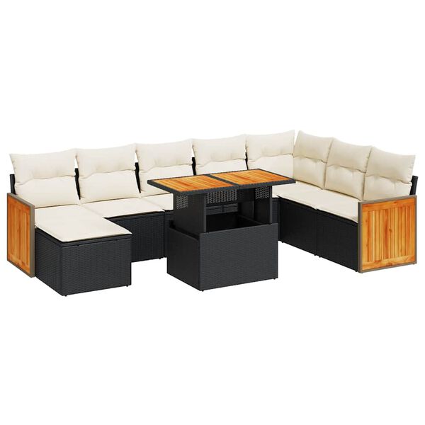 vidaXL 9 Piece Garden Sofa Set with Cushions Black Poly Rattan Acacia