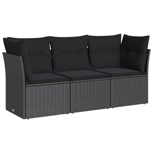vidaXL 3 Piece Garden Sofa Set with Cushions Black Poly Rattan