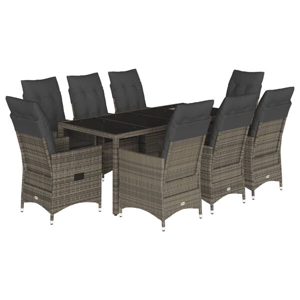vidaXL 9 Piece Garden Dining Set with Cushions Grey Poly Rattan