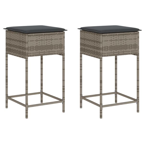 vidaXL Garden Bar Stools with Cushions 2 pcs Grey Poly Rattan