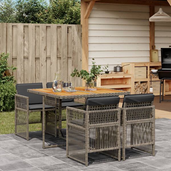 vidaXL 5 Piece Garden Dining Set with Cushions Grey Poly Rattan
