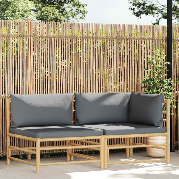 vidaXL 2 Piece Garden Lounge Set with Dark Grey Cushions Bamboo