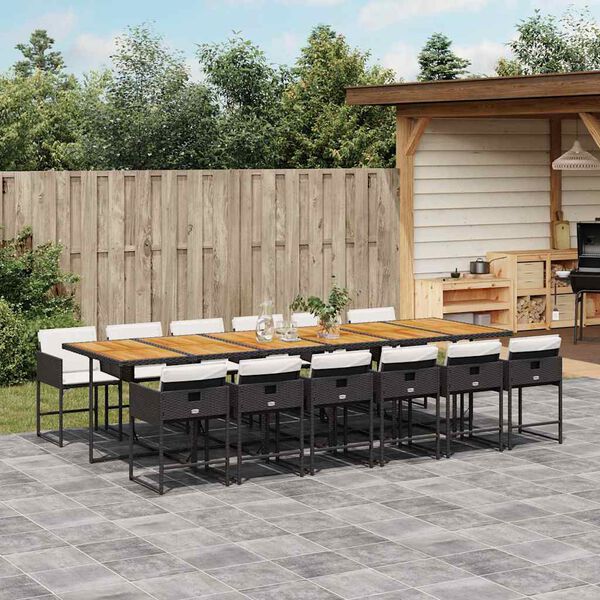 vidaXL 13 Piece Garden Dining Set with Cushions Black Poly Rattan