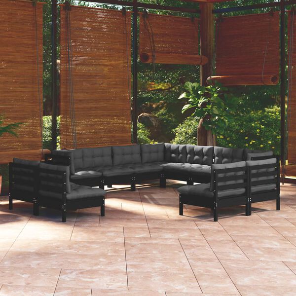 vidaXL 11 Piece Garden Lounge Set with Cushions Black Solid Pinewood