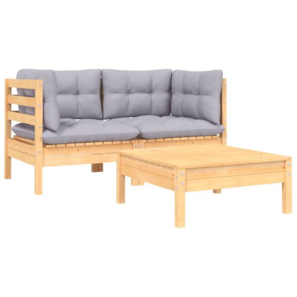 vidaXL 3 Piece Garden Lounge Set with Grey Cushions Solid Pinewood