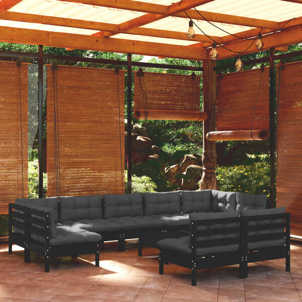 vidaXL 10 Piece Garden Lounge Set with Cushions Black Solid Pinewood